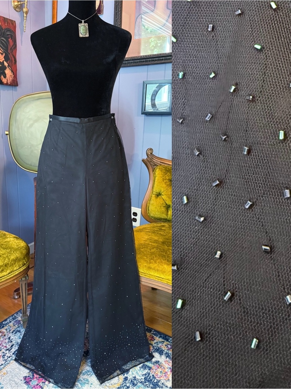 Vintage 90s Ann Taylor Sheet Beaded Evening Holiday Whimsigoth Wide Leg Pants